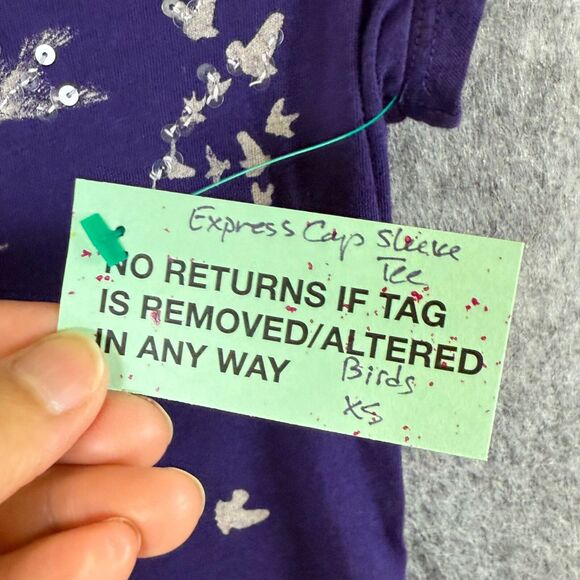 Vtg Express Graphic Sequin Bird Top Purpl Y2K Ombre Shirt Flying ❤️ Formation XS - Picture 6 of 9